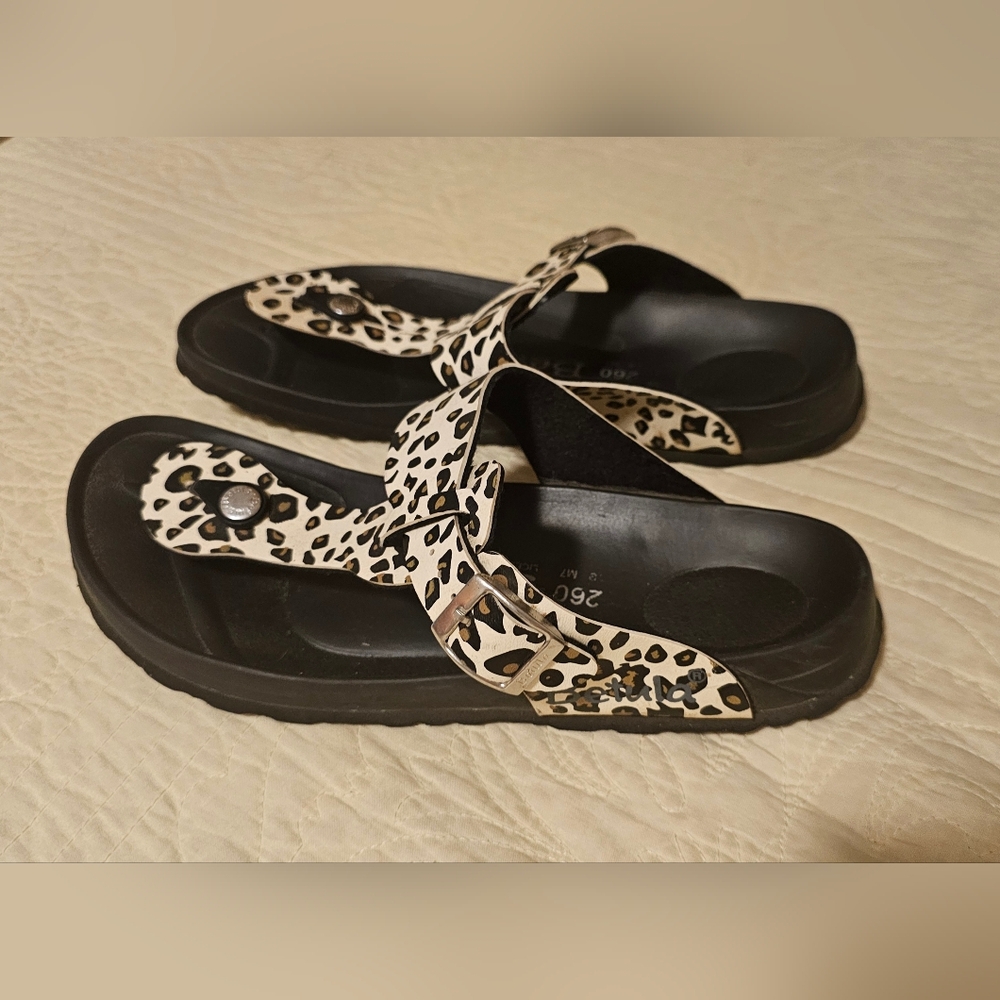 Leopard Print Thong Sandals with Black Footbed